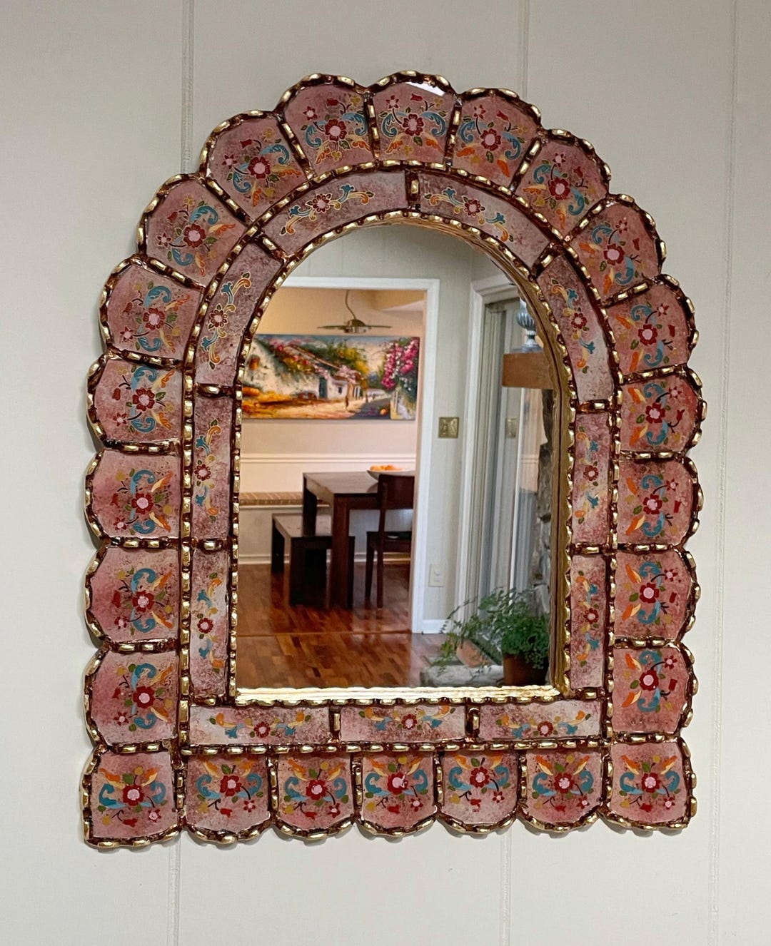 Handcrafted Floral Arch Mirror: Pink Terracotta, Gold Leaf Accent