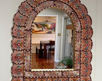 Handcrafted Floral Arch Mirror: Pink Terracotta, Gold Leaf Accent