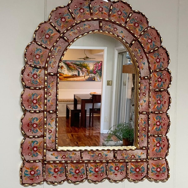 Handcrafted Floral Arch Mirror: Pink Terracotta, Gold Leaf Accent