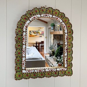 Garden arch mirror, Spanish arch mirror, Peruvian painted glass mirror, mediterranean mirror, green mirror with flowers, bohemian mirror image 6