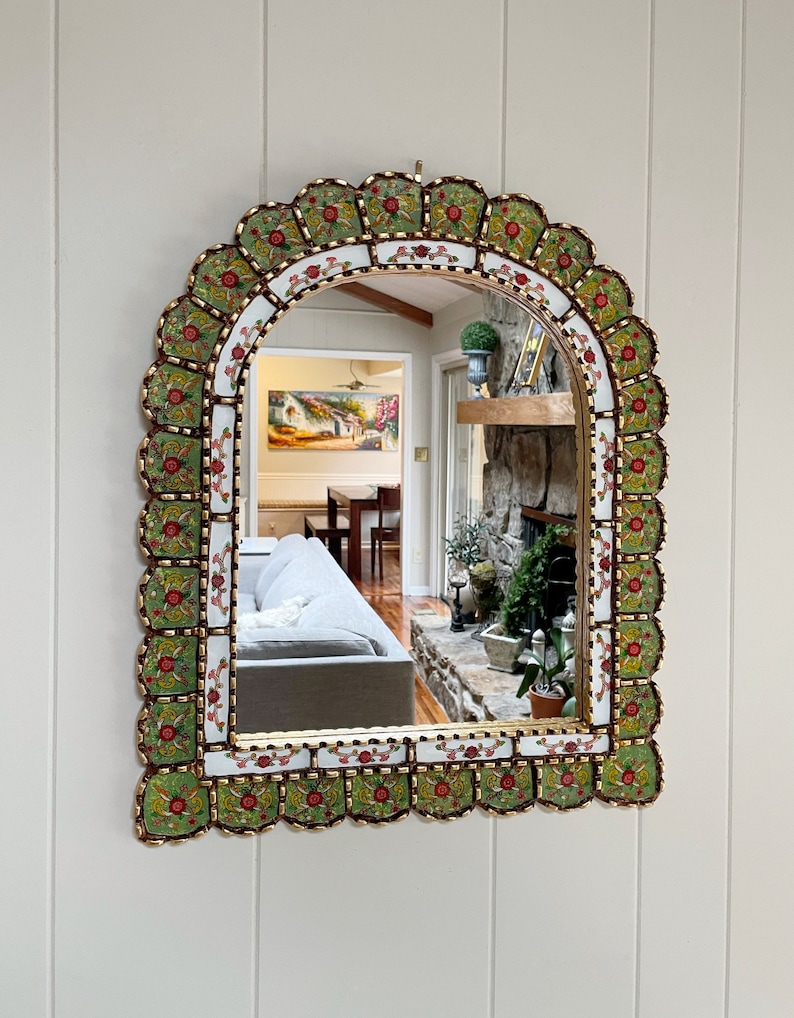 Garden arch mirror, Spanish arch mirror, Peruvian painted glass mirror, mediterranean mirror, green mirror with flowers, bohemian mirror image 6