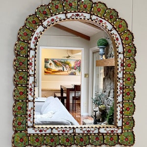 Garden arch mirror, Spanish arch mirror, Peruvian painted glass mirror, mediterranean mirror, green mirror with flowers, bohemian mirror image 2