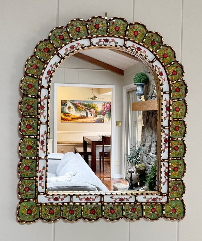 Garden arch mirror, Spanish arch mirror, Peruvian painted glass mirror, mediterranean mirror, green mirror with flowers, bohemian mirror image 2