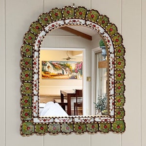 Garden arch mirror, Spanish arch mirror, Peruvian painted glass mirror, mediterranean mirror, green mirror with flowers, bohemian mirror image 10