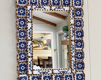 Blue and white mediterranean tile mirror, Spanish Peruvian mirror, bohemian, painted glass mirror, rectangular mirror, Italian French mirror