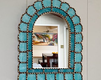 Aqua marine arch mirror, Mediterranean mirror, tropical caribbean mirror, coastal mirror, Spanish Peruvian mirror, painted glass mirror