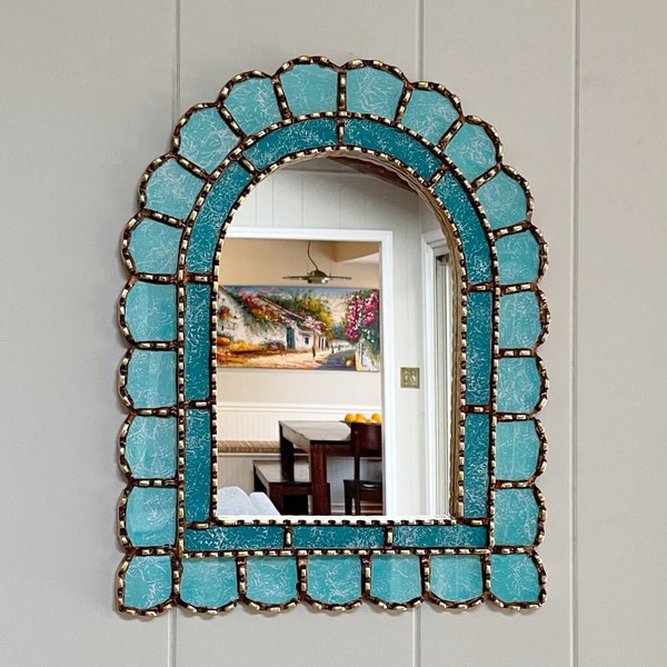 Aqua marine arch mirror, Mediterranean mirror, tropical caribbean mirror, coastal mirror, Spanish Peruvian mirror, painted glass mirror