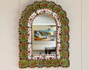 Garden arch mirror, Spanish arch mirror, handmade Peruvian mirror, Mediterranean arch mirror, green mirror with flowers, decorative mirror