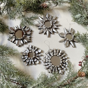 Silver leaf wood mirror ornaments, gallery mirrors, snowflake ornaments, star ornaments, silver leaf mirror set of 5, Peruvian mirrors