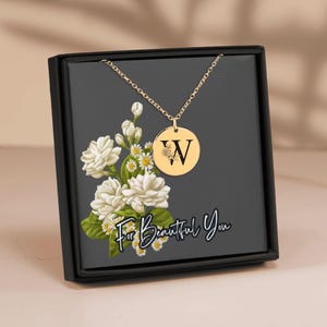 Floral Initial Necklace – Letter W - Personalised Coin Pendant Necklace - Available in Gold, Silver & Rose Gold