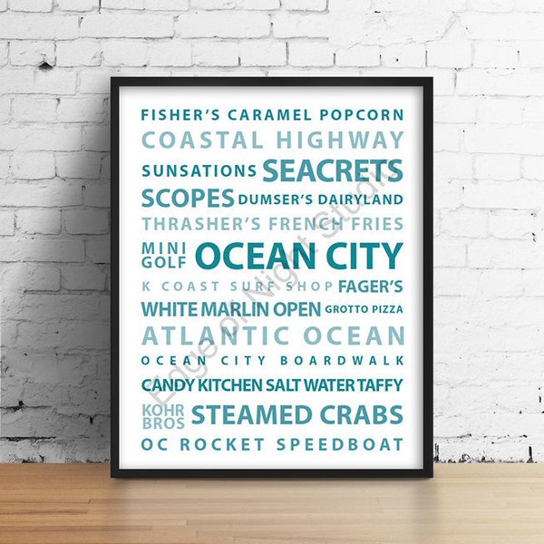 Ocean City MD Maryland OC OCMD Boardwalk Word Collage Wall Art Print Digital Download 8.5x11 11x14 - Coastal Teal