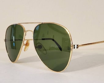 Vintage Double Bridge Aviators Sunglasses // Gold Frames // Green lenses // Summer shades // Beach Shades // rave VTG NOS from 80s and 90s