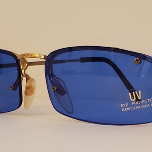 Vintage Sunglasses // Narrow Rectangular Gold metal Frames // Blue lenses // Boys Summer Shades // VTG NOS Retro // Festival Hippy rave
