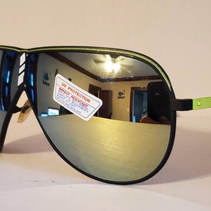 Vintage Aviator Sunglasses // Mirror Lenses // Neon Yellow trim on metal frames // White racing decal // 90s beach party sunglasses VTG NOS