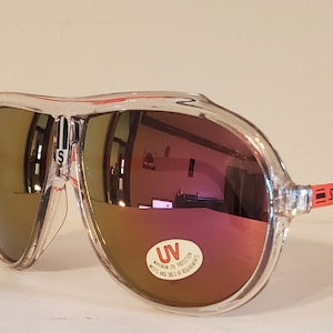 Vintage Aviator Sunglasses // Gold pink mirror lens // Clear front frames // bright Orange Metal Side Frames // 90s glasses // VTG Sport