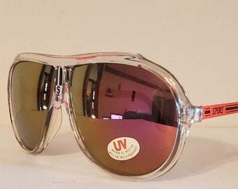 Vintage Aviator Sunglasses // Gold pink mirror lens // Clear front frames // bright Orange Metal Side Frames // 90s glasses // VTG Sport