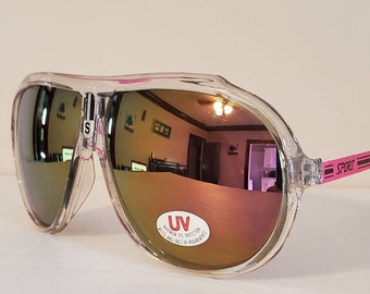 Vintage Aviator Sunglasses // amber pink mirror lens // Clear front frames // Neon Pink Metal Side Frames // 90s glasses // VTG Sport brand