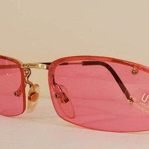 Vintage Sunglasses // Narrow Rectangular Gold Frames // Pink lenses // Girls Summer Shades // VTG NOS Retro true vintage // Dead Stock