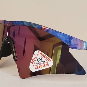 Okulary przeciwsłoneczne Vintage Big Shield Sports // Oprawki Zig Zag z kwiatowym i kolorowym wzorem // Okulary przeciwsłoneczne bezramkowe // Soczewki Ocean Tint // Retro Rave VTG