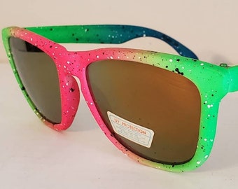 Vintage Wayfarer Sunglasses // Pink/Green/Blue Speckled frames Multicolor // unique funky retro throwback // 90s party beach summer VTG