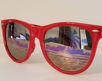 Vintage Sunglasses // Hawaiian Tiki Theme // Palm trees and beach decal lens // glossy red plastic Frames // Margaritaville funky retro