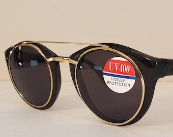 Vintage Women&#39;s Cat Eye double bridge Sunglasses // Summer Shades // Black frames w/gold trim // VTG 90s // True vintage