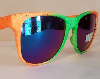 Vintage Wayfarer Sunglasses // Green/Orange/Yellow Speckled frames Multicolor // unique funky retro throwback // 90s party beach summer VTG
