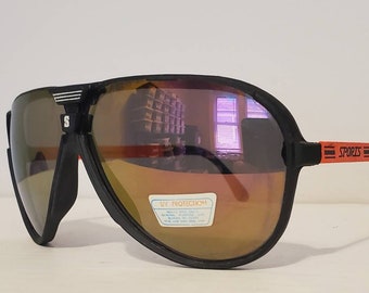 Vintage Aviator Sunglasses // Black Rubber frames, Neon Orange Metal Legs // Gold Rainbow Mirror Lenses // 90s sunglasses VTG NOS Sports
