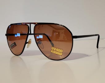 Vintage Aviator Sunglasses // Blue Sleek Glossy Black Metal Frame w Red Marble Brow Decal // Blue Blocker Lenses // Driving Lenses VTG NOS