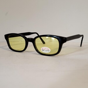 Vintage Deadstock Yellow Lens Sunglasses Black Rectangular Narrow Frames UV Protection Y2K 90s Retro Unisex Eyewear