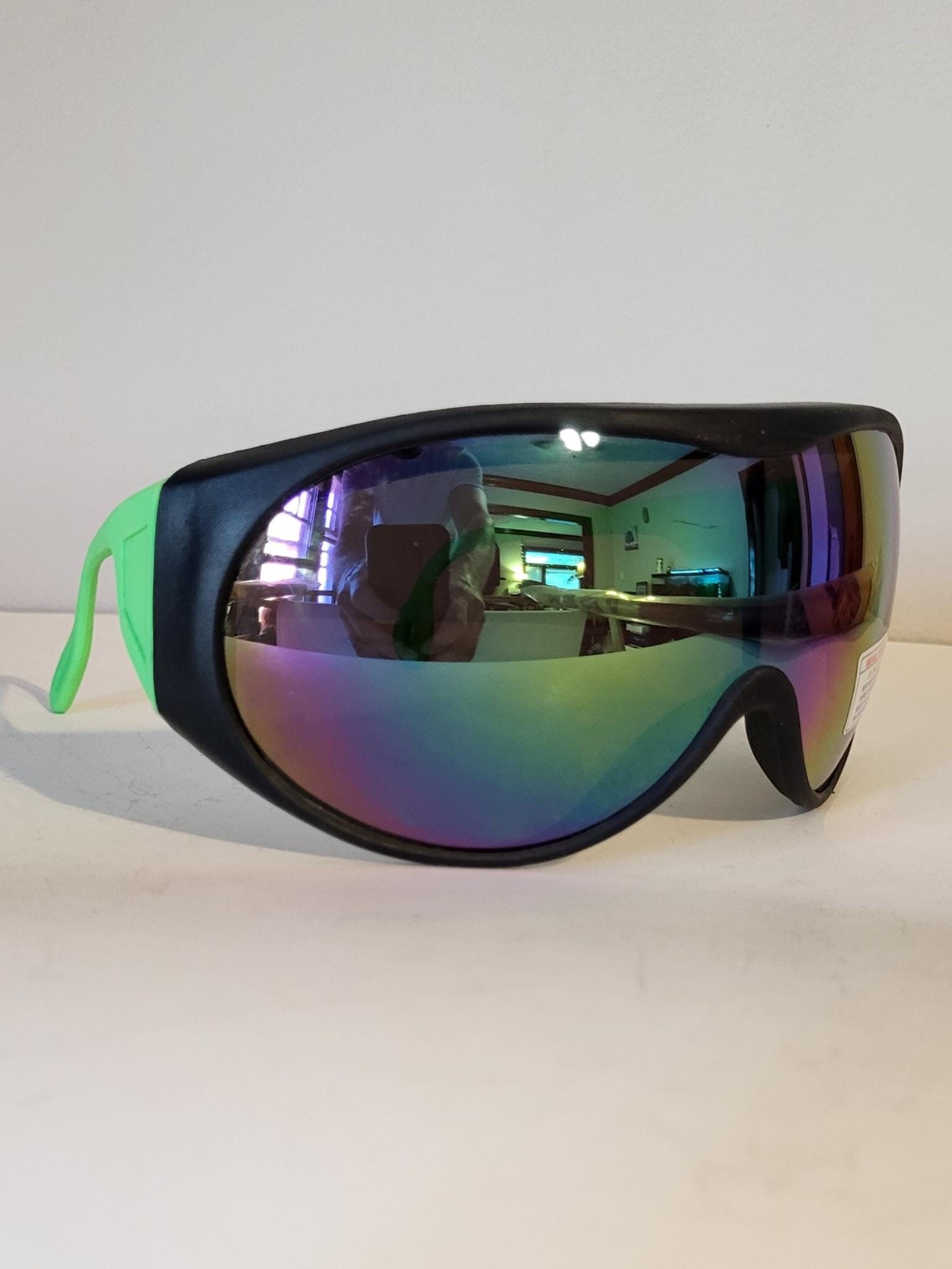 Vintage 80s Style Shield Sunglasses Neon Green Black Rainbow
