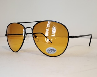 Vintage Amber Lens Aviator Sunglasses | Blue Blocker Lens Pilot Glasses | Black Gold Silver Metal Frames | Retro 80s 90s Eyewear