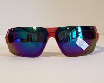 Vintage Blade Sunglasses // Wine Red Frames // Half rimless Frames // Blue Mirror Reflective lenses // Retro Shades // rave VTG