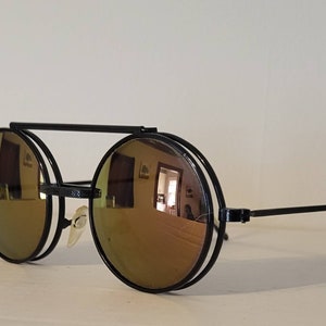 Vintage Round Flipper Sunglasses  // Black Metal Teashades with Rose Gold Mirror Lenses // Hippie // Retro // Steampunk // Flip up shades