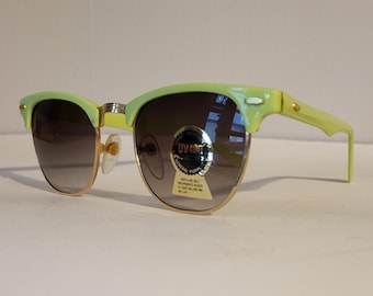 Vintage Neon Lime Browline Sunglasses | Retro Green Clubmaster Shades | Y2K Acid Green Sunnies | Gold Frame Sunglasses