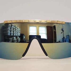 Vintage Rectangle Sunglasses //  Mirror Lenses // Gold Frames // Big Shield sunglasses // Rimless Biker Stylish Sunglasses / Super Dark Lens