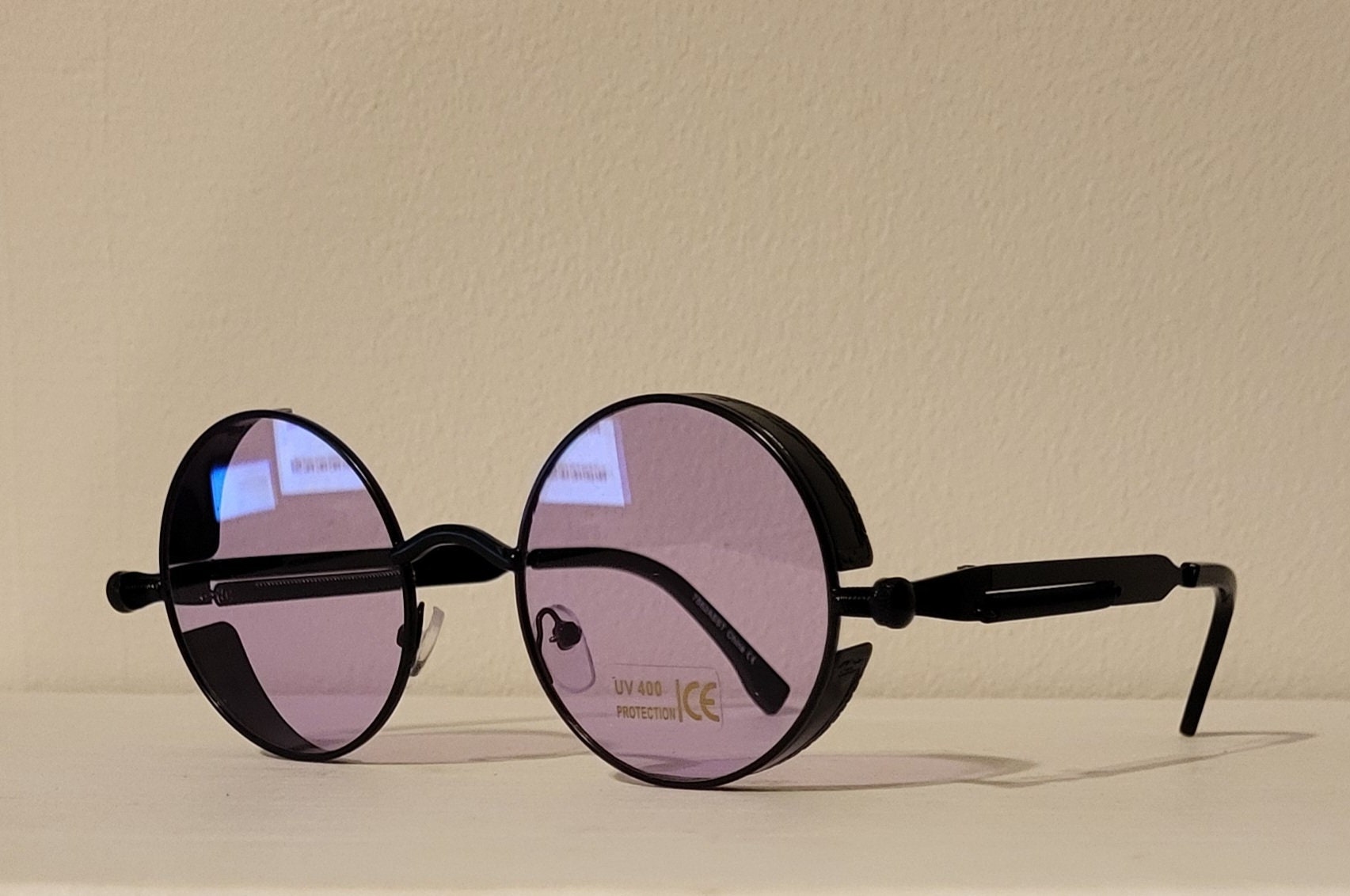Vintage Round Sunglasses // Black Metal Teashades With Side 