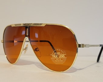 Vintage Aviator Teardrop-zonnebril // Blauwe blokkerende glazen // Sportmerk // Blokkeert blauwe stralen // Gouden metalen monturen // Brillen uit de jaren 80 en 90