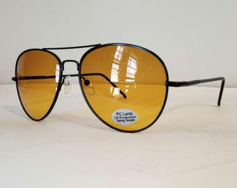 Vintage Amber Lens Aviator Sunglasses | Blue Blocker Lens Pilot Glasses | Black Gold Silver Metal Frames | Retro 80s 90s Eyewear