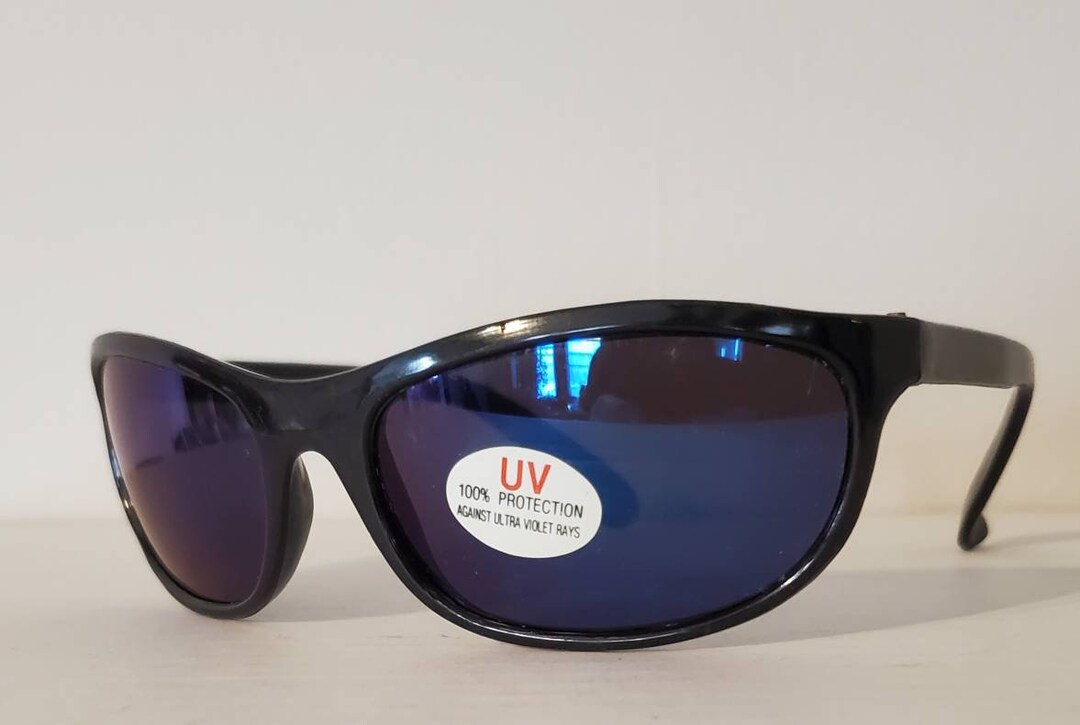 Vintage Sunglasses // Wrap Around Blade Shades // Glossy Black Frames