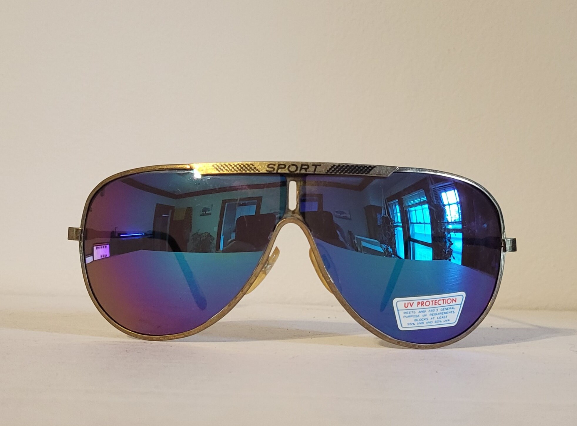 80\'s Vintage GENUINE MAURITIUS BLUE Teardrop Aviator Sunglasses BOUTIQUE EXPORT Vintage Teardrop Aviator Sunglasses // Rainbow Ocean Mirror  main image 4