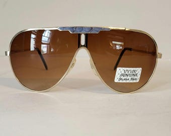 Vintage 80s Aviator Sunglasses Genuine Snakeskin Brow Brown Gradient Lens Gold Metal Deadstock Oversized Sunglasses