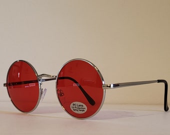 Vintage Round Teashade Sunglasses // Silver Frames with - Red Lens - Blue Lens - Purple Lens // Rose Red Lenses // Hippie Cat-eye NOS