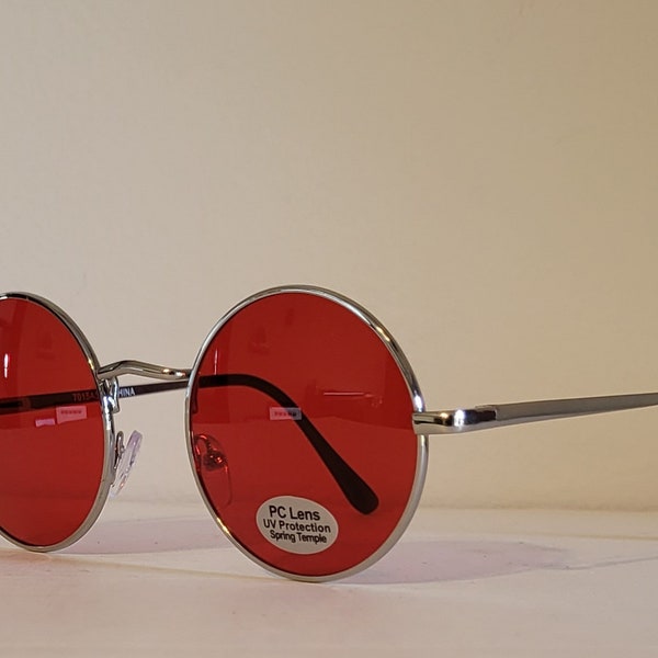 Vintage Round Teashade Sunglasses // Silver Frames with - Red Lens - Blue Lens - Purple Lens // Rose Red Lenses // Hippie Cat-eye NOS