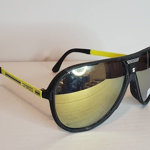 Vintage Aviator Sunglasses // Black Rubber frames, Neon Yellow legs // gold tint mirror lens // Racing stripe 90s sunglasses VTG NOS Sports