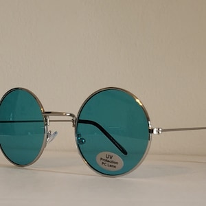 Round Silver Frame Sunglasses with Teal Blue Iridescent Lenses Round Turquoise Mirror Sunglasses With Silver Frames  main image 3