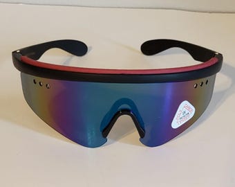 Vintage Sports Sunglasses // Blade Shades from 80s/90s // Red Stripe Padded Brow - Rimless // Skiing Snowboarding / Motorcycle Festival Rave