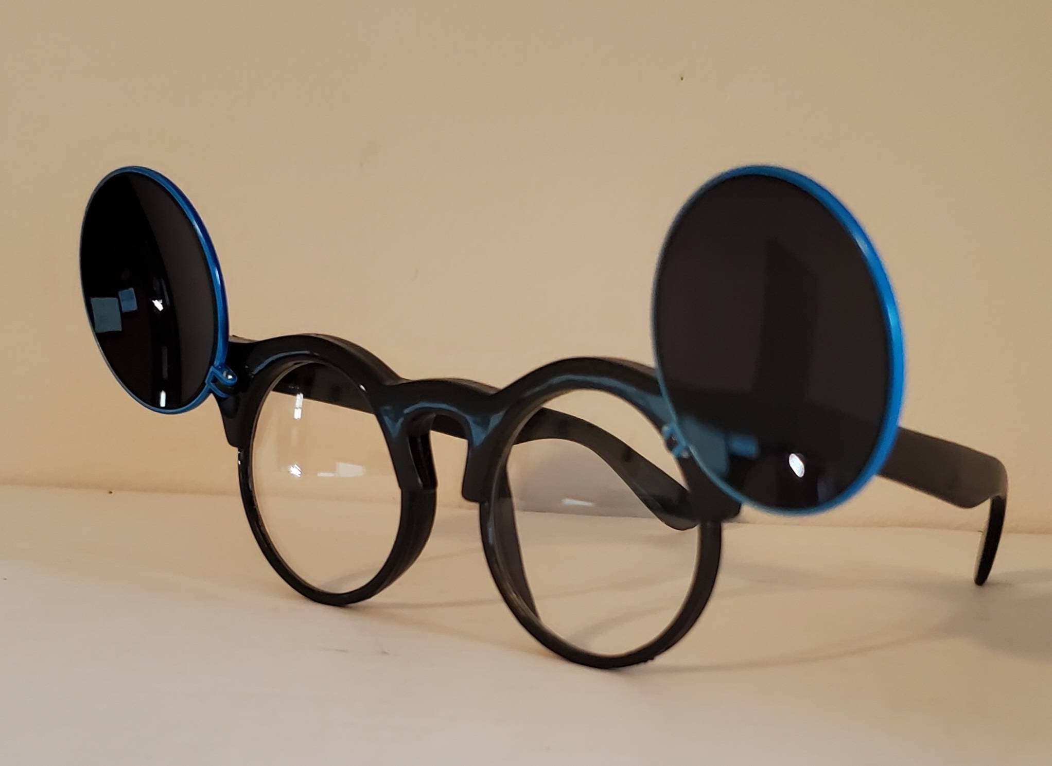 Vintage Flip up Sunglasses // Round Black Plastic Frames, Blue Rim