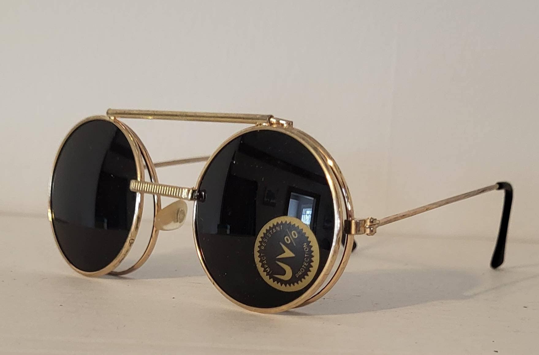 Vintage Round Flipper Sunglasses // Gold Metal Teashades con lentes oscuros // Hippie Retro // Steampunk // Flip up shades
