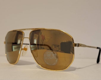 Vintage Double Bridge Aviator Sunglasses // 24k Karat Gold Plated Lenses // Sleek Gold Metal Frames // 80s style // beach summer // VTG NOS